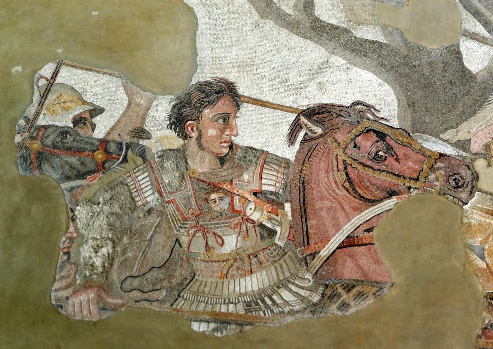Detail of the Alexander Mosaic — Alexander the Great on Bucephalus at the Battle of Issus — Roman copy after a Hellenistic Greek original, c. 100 BCE, House of the Faun, Pompeii.