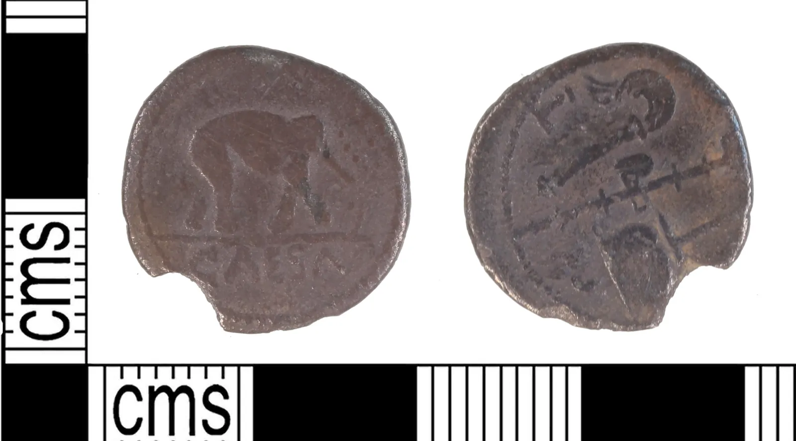 Silver denarius of Julius Caesar, 49–48 BCE — obverse showing an elephant trampling a serpent above the legend CAESAR, reverse with priestly emblems (apex, simpulum, axe, culullus).