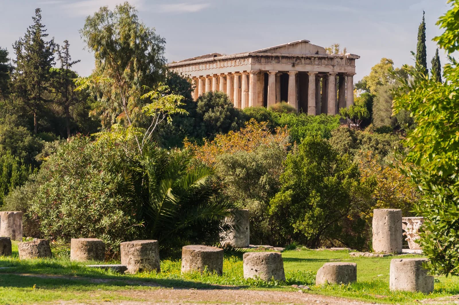 The Temple of Hephaestus on Agoraios Kolonos, seen from the Ancient Agora of Athens — Pentelic marble Doric temple, mid 5th century BCE, the best-preserved temple of the Periclean building programme.