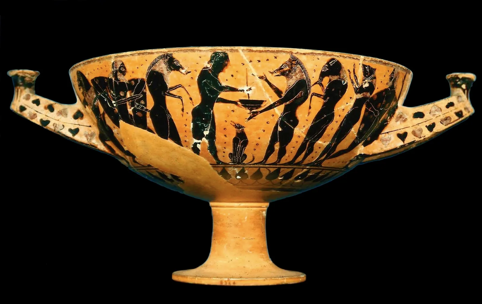 Black-figure cup painting showing a standing woman with a cup and wand among men whose heads and limbs have become those of animals.