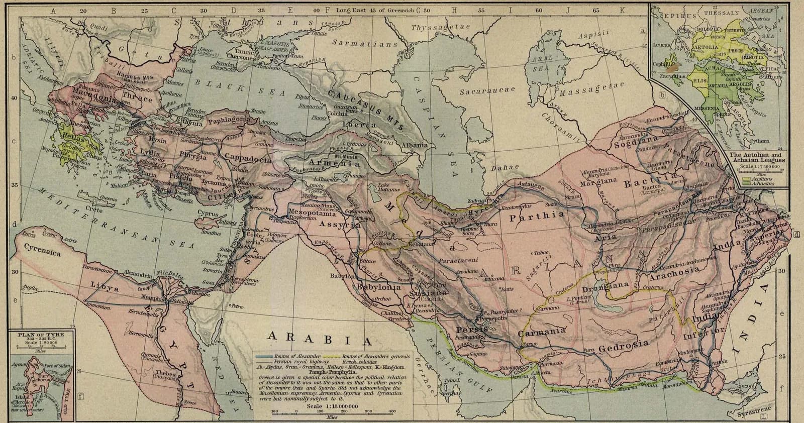A historical map of the empire of Alexander the Great, tracing his route of conquest from Macedon to the Indus, with the major battles marked.