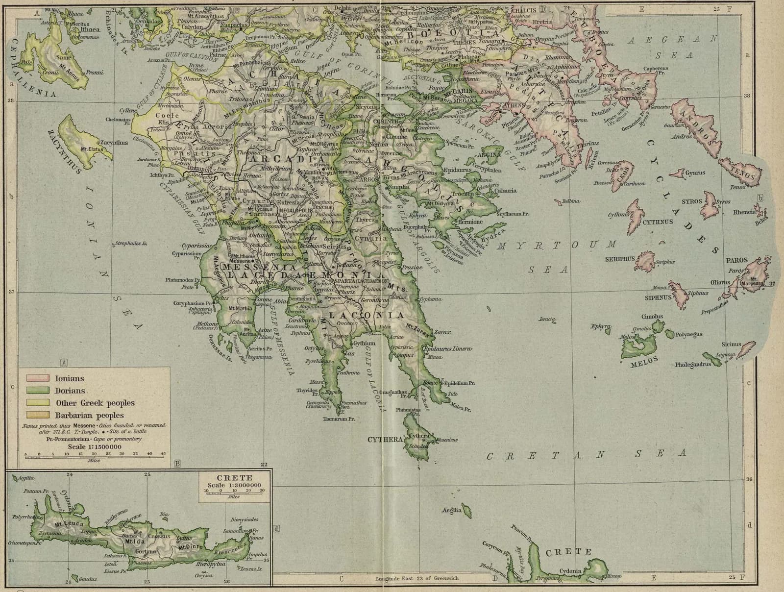 A historical map of ancient Greece showing the city-states, regions and the Aegean, from Shepherd's Historical Atlas.