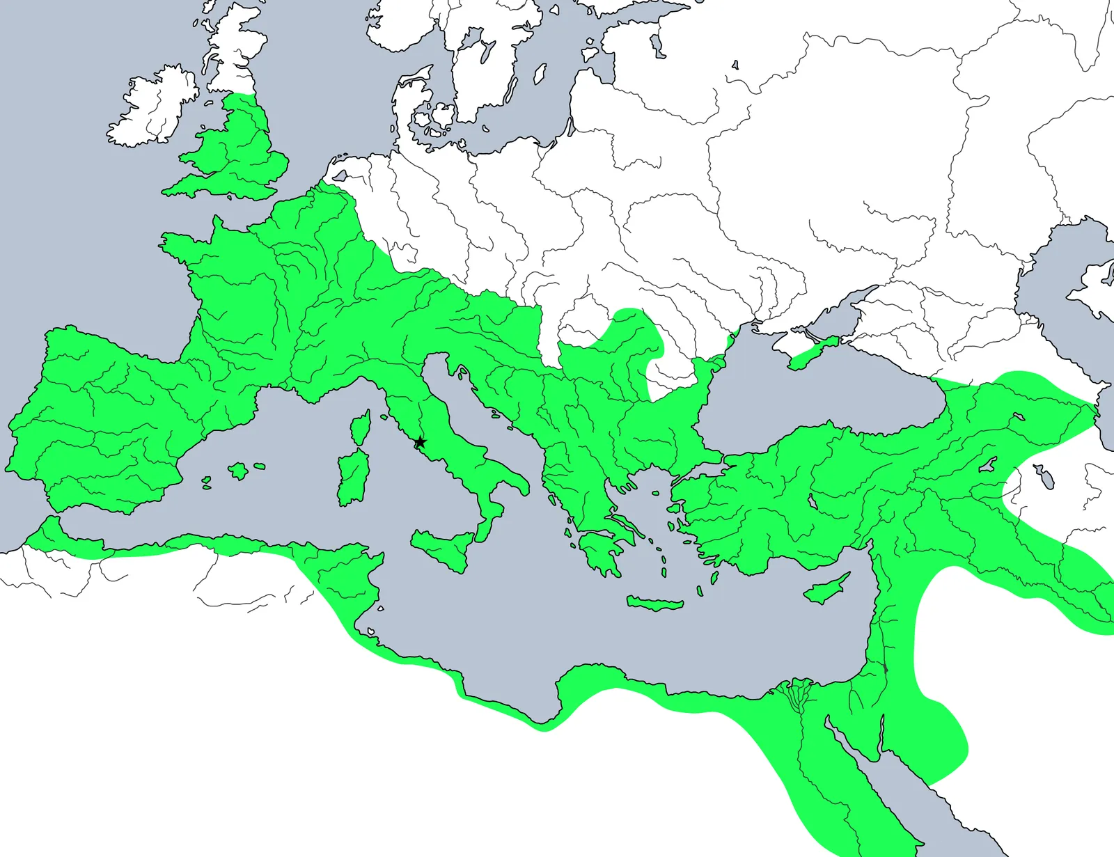 A map of the Roman Empire at its greatest extent under Trajan in 117 CE, stretching from Britain to Mesopotamia around the Mediterranean.