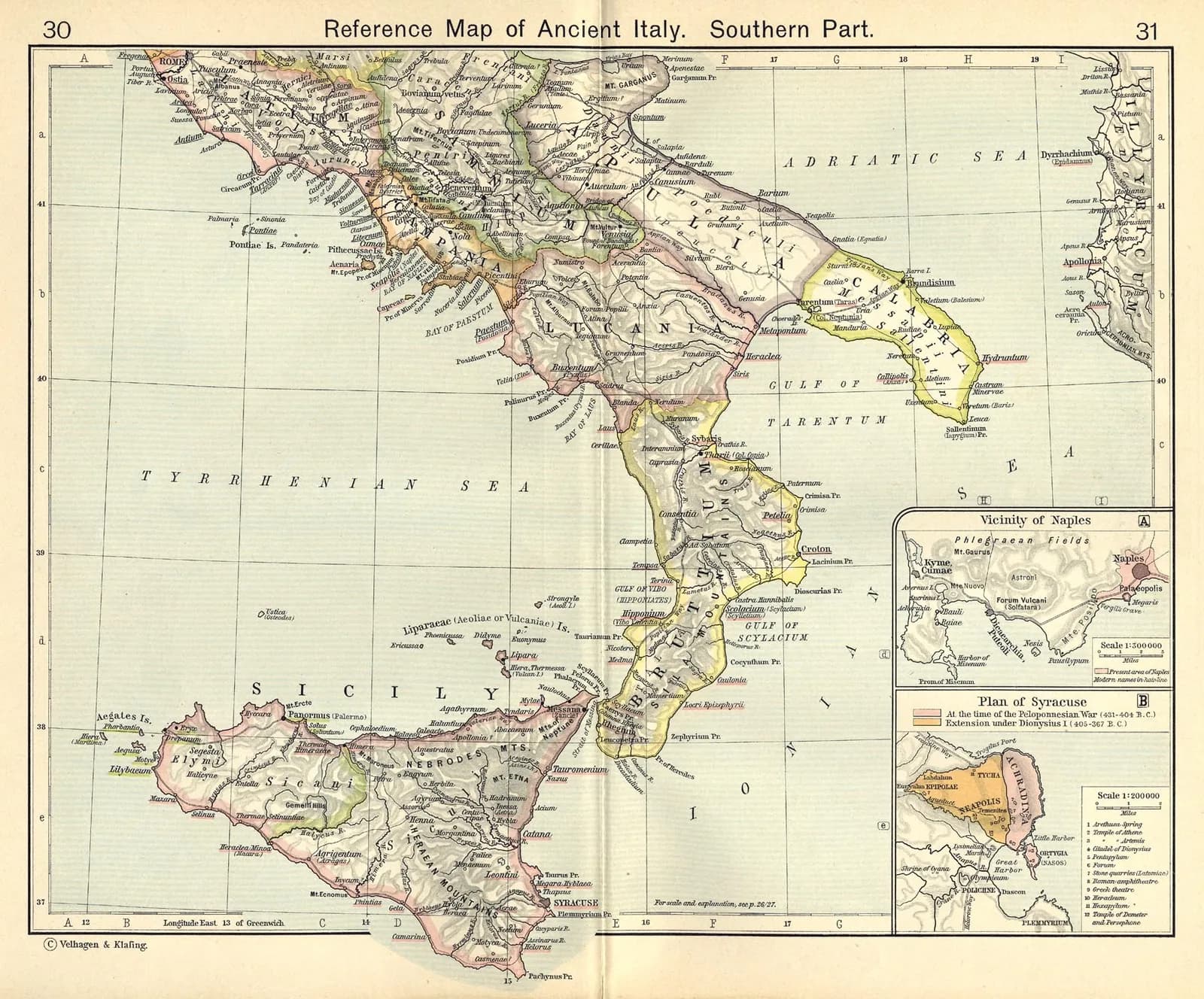 A historical map of ancient Italy, the heartland from which the Roman Republic expanded, showing the peoples, roads and colonies of the peninsula.