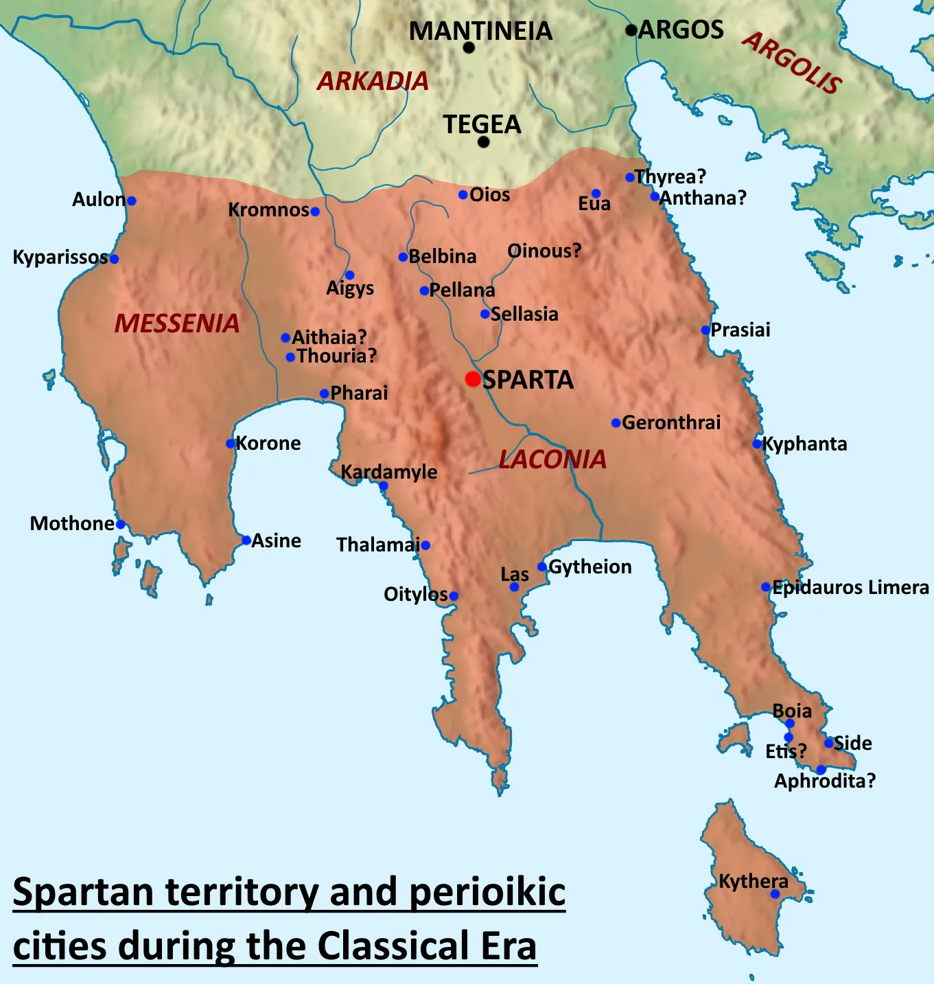 A map of the territory controlled by Sparta in the Peloponnese before the battle of Leuctra in 371 BCE, showing Laconia, Messenia and allied regions.