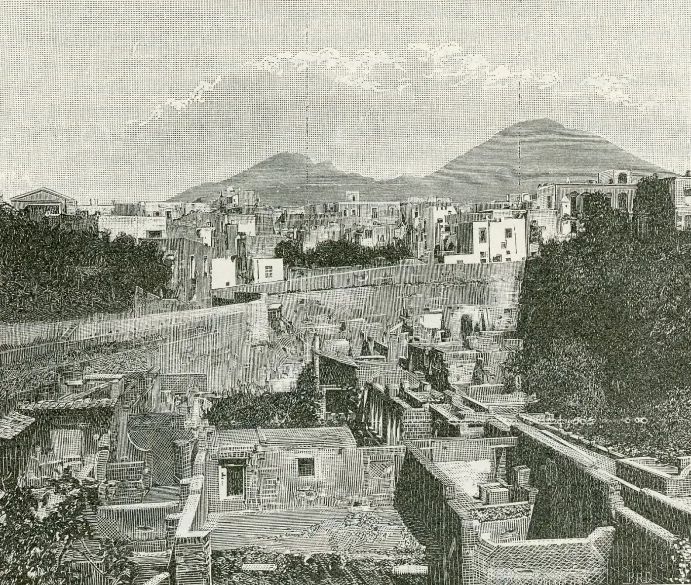A nineteenth-century engraving looking down into a deep open excavation of Roman streets and houses, with the modern town built up around its edges.